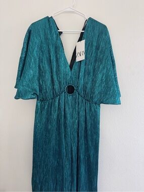 Zara Teal Metallic V-Neck Jumpsuit
